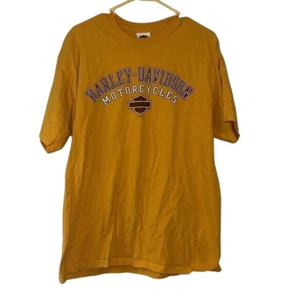 Harley-Davidson Mens Yellow Graphic T-Shirt Size L Cotton Short Sleeve Austin Te